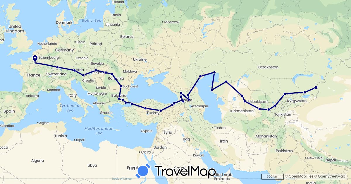 TravelMap itinerary: driving in Austria, Bulgaria, Germany, France, Georgia, Hungary, Kazakhstan, Romania, Russia, Slovenia, Turkey, Uzbekistan (Asia, Europe)